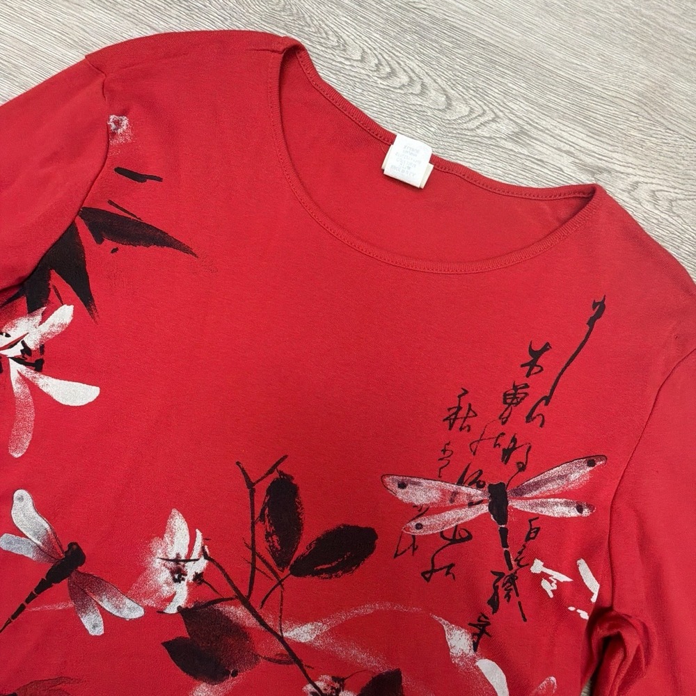 Jess & Jane Playtime Top Womens XL Red Dragonfly Floral 3/4 Sleeve Cotton USA
